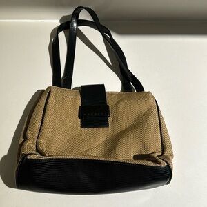 Mondani New York Black Leather and Cream Wicker Shoulder Bag